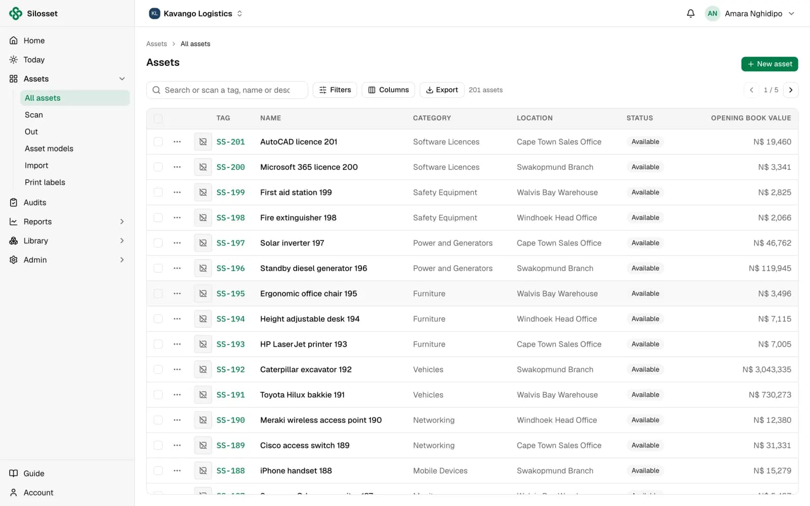 The asset register in Silosset, listing tag, name, category, location, status and opening book value for each asset