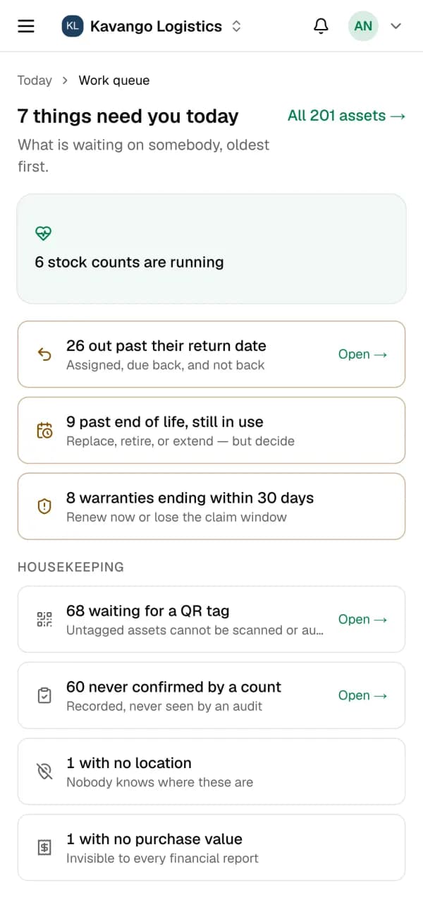 Silosset's Today work queue on a phone